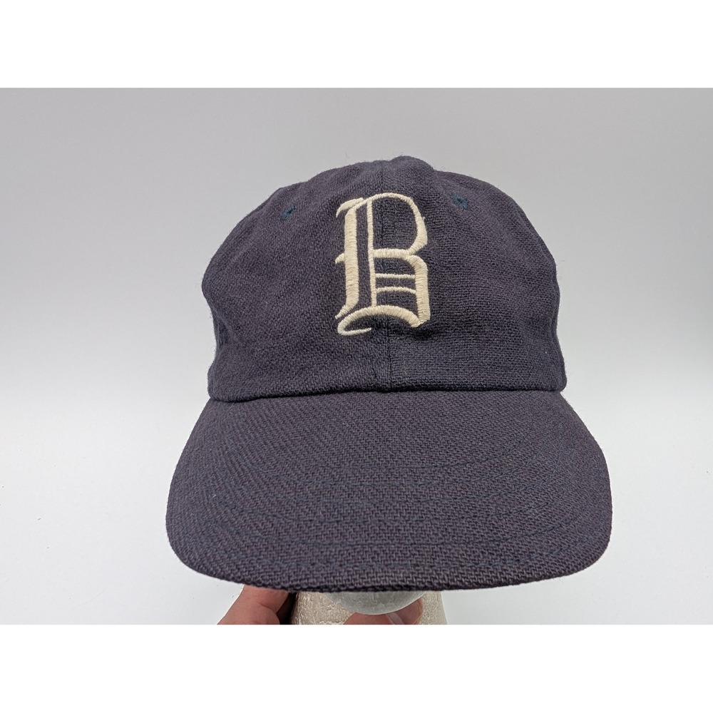 Vintage Navy Wool Baseball Cap Embroidered B Leather Sweatband Green Underbrim